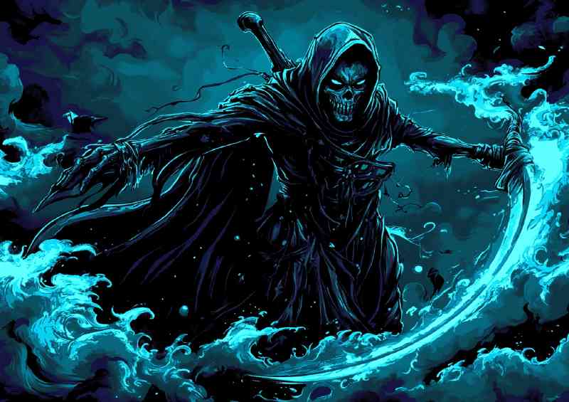 Grim reaper with scythe and sword
