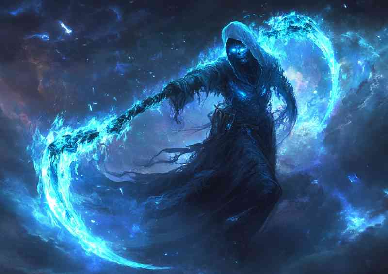 Grim reaper with scythe dark background