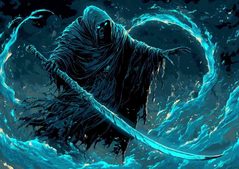 Grim reaper with scythe glowing blue and black