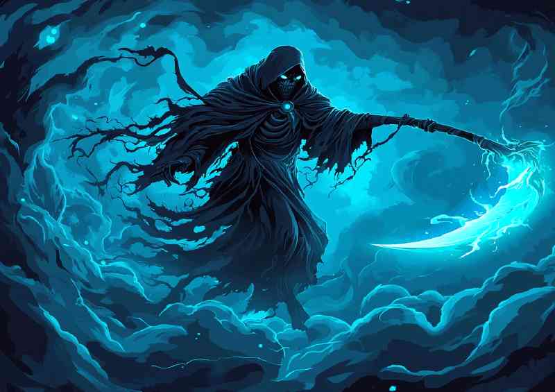 Grim reaper with scythe in blue skies