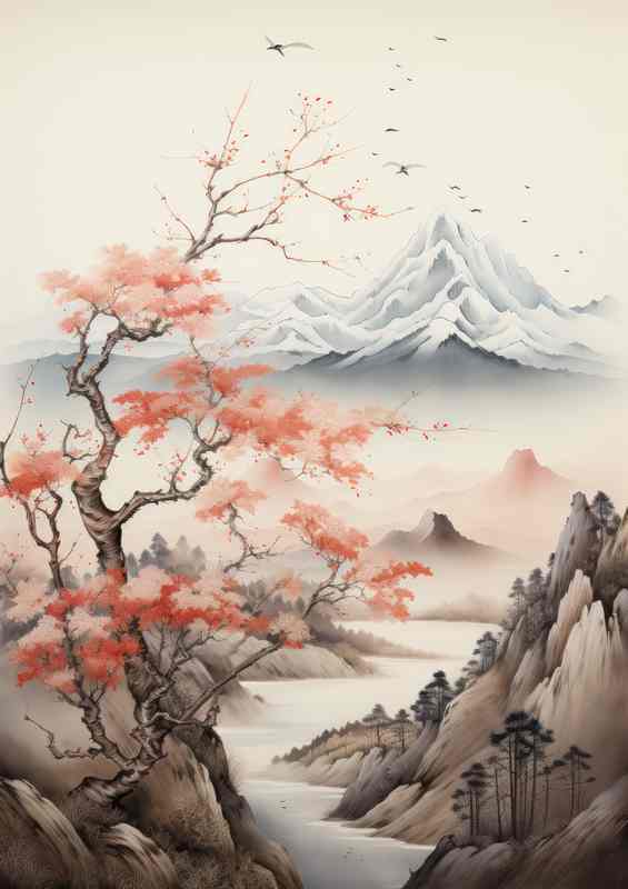Harmony of Nature Blossoms and Mountains
