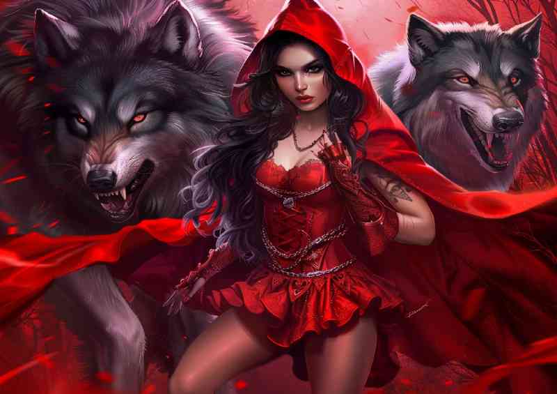 Lady in red cloak with two wolfs