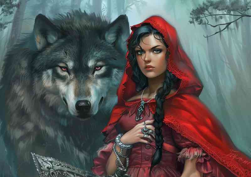 Lady in red riding hood outfit with wolf