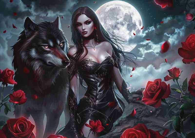 Lady with wolf and roses night