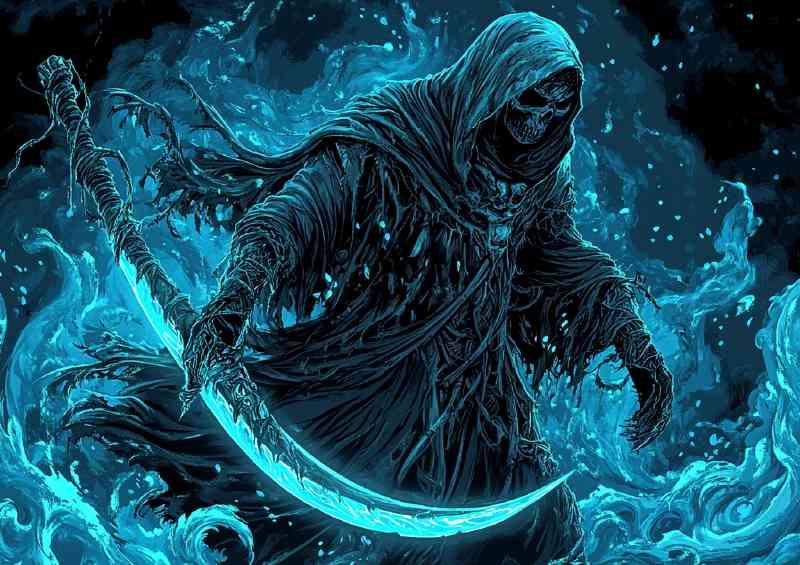 Reaper with blue scythe glowing