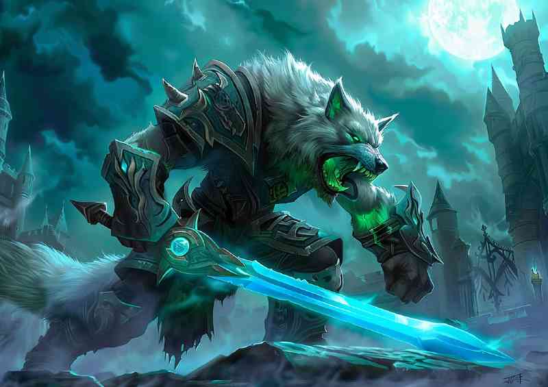 Snarling white wolf with green sword