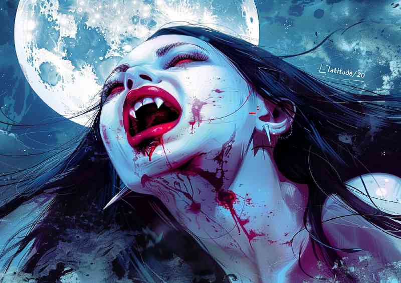 Vampire woman full moon and fangs