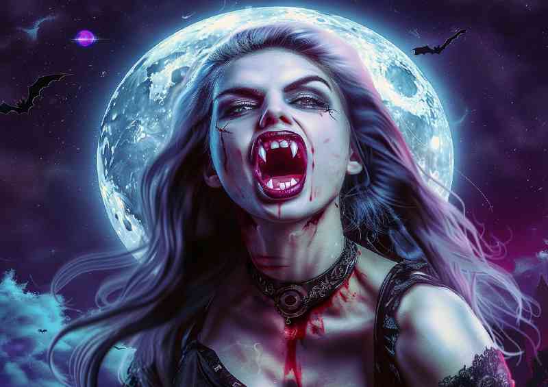 Vampire woman with fangs showing full moon
