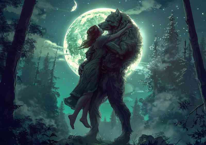 Werewolf carrying lady at night