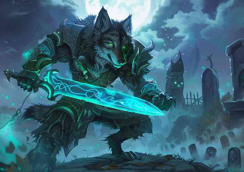 Wolf with glowing green eyes wearing fantasy armor