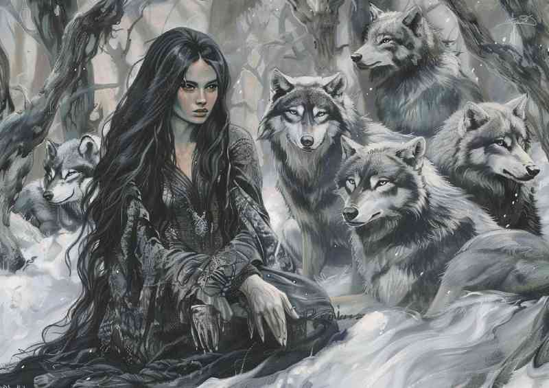Woman long dark hair and the pack of wolves