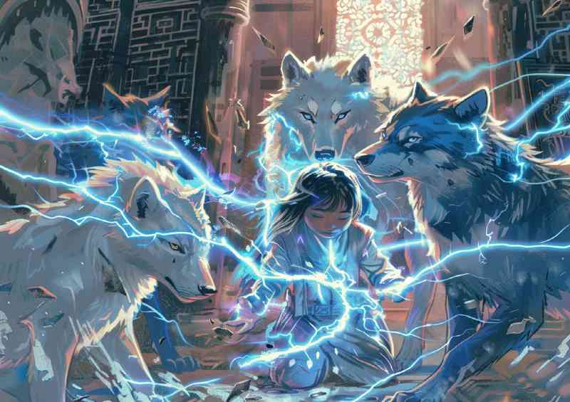 Young girl surrounded by white protecting wolves