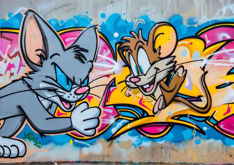 Cat and mouse graffiti wall