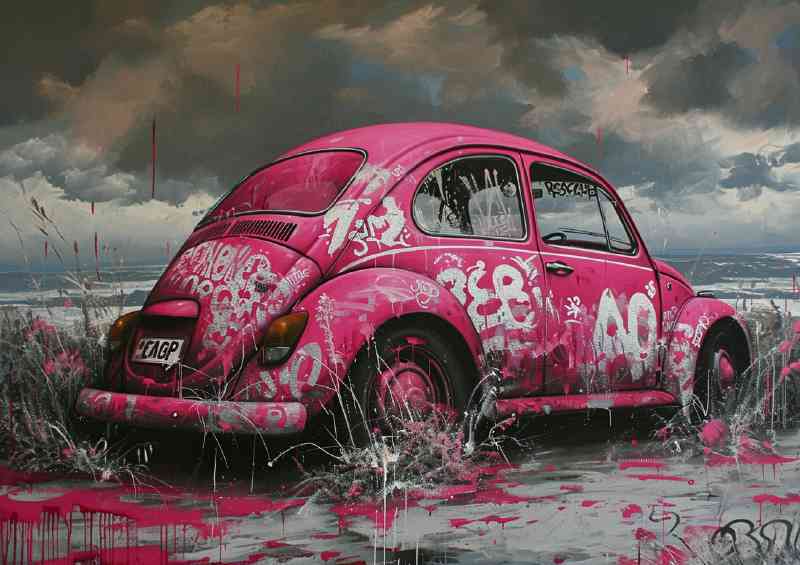 Painted pink car in the sea