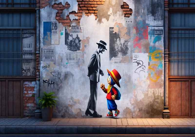 Red hat and blue attire encountering a minimalist