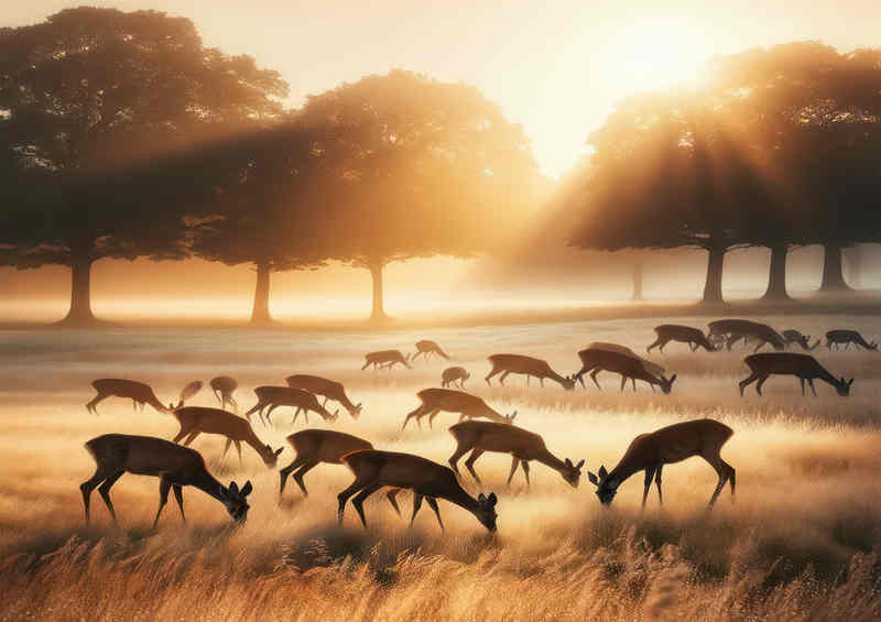 A Hurd Of Deer Grazing In the morning sun