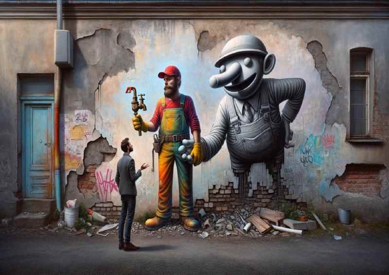 Whimsical plumber in attire red cap abstract