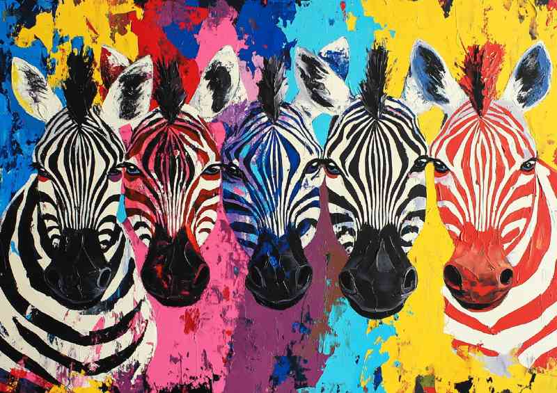 Zebra heads in a colourful pallet