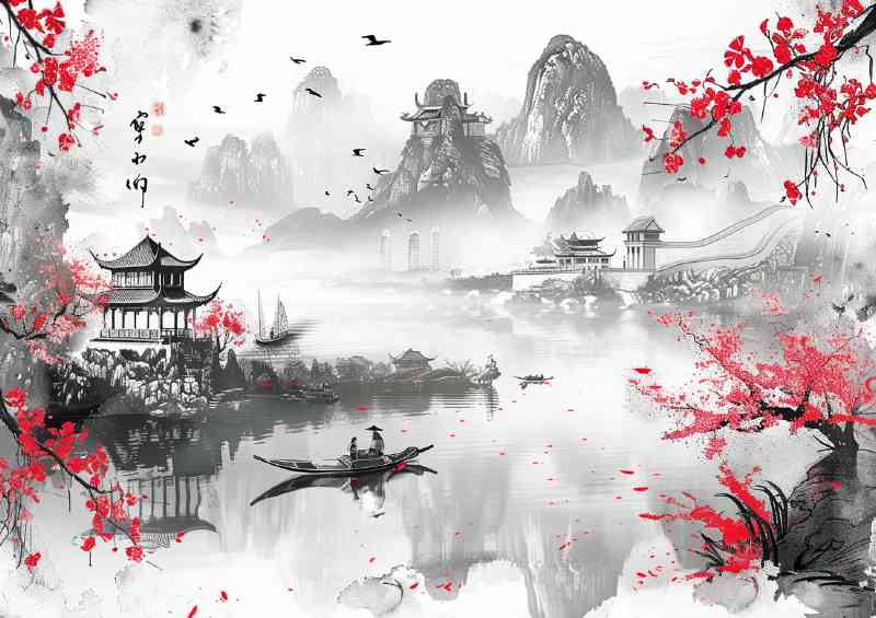 Chinese ink Life on the lake