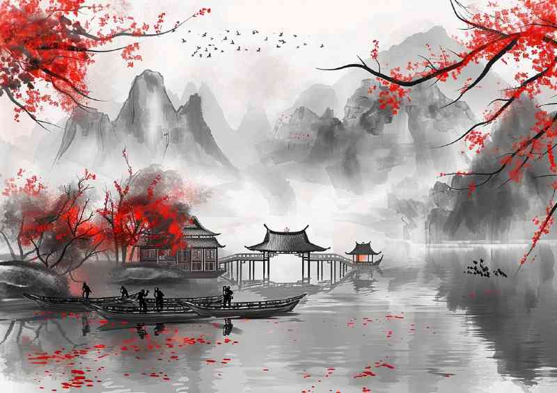 Chinese ink cherry blossom on the lake
