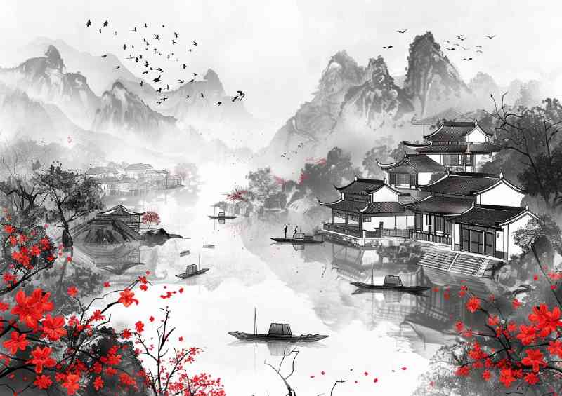 Chinese ink floating down the river | Metal Poster