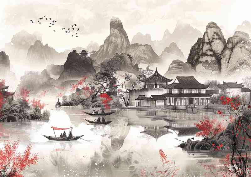 Chinese ink mountains and fishing | Metal Poster