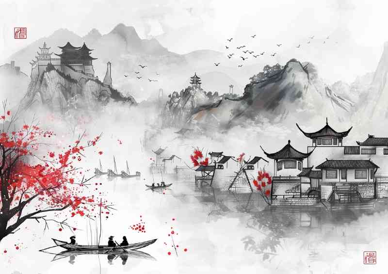 Chinese ink mountains and homes | Metal Poster