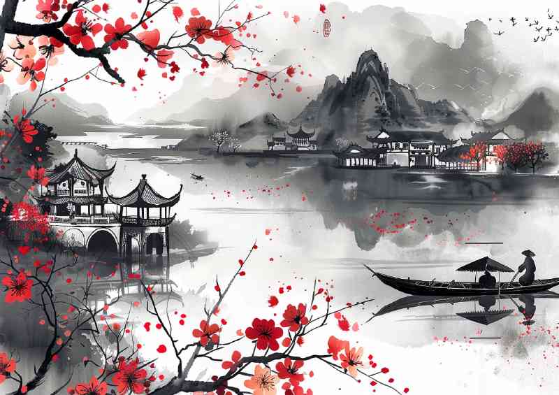 Chinese ink rowing boat on the lake | Metal Poster