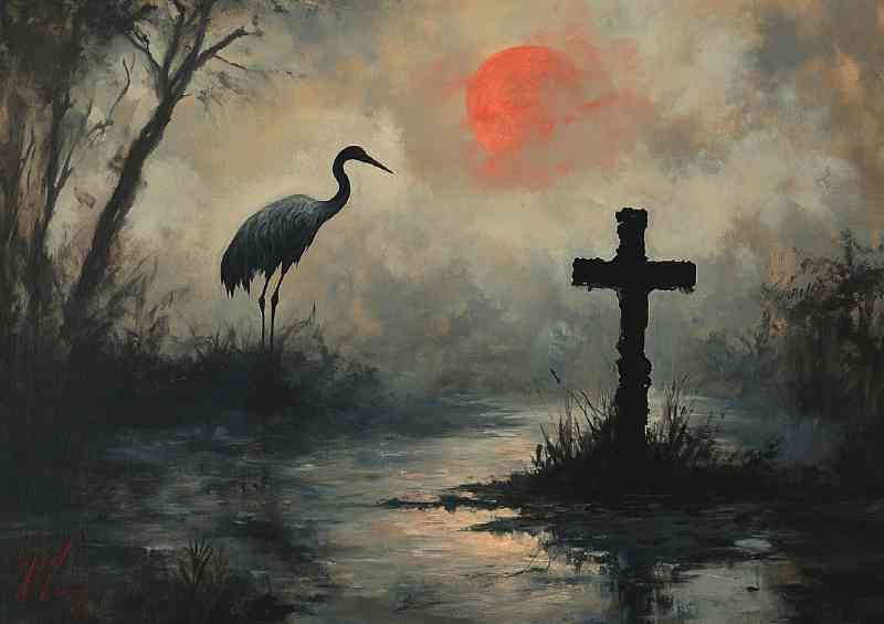 The Crane by the lake in fog