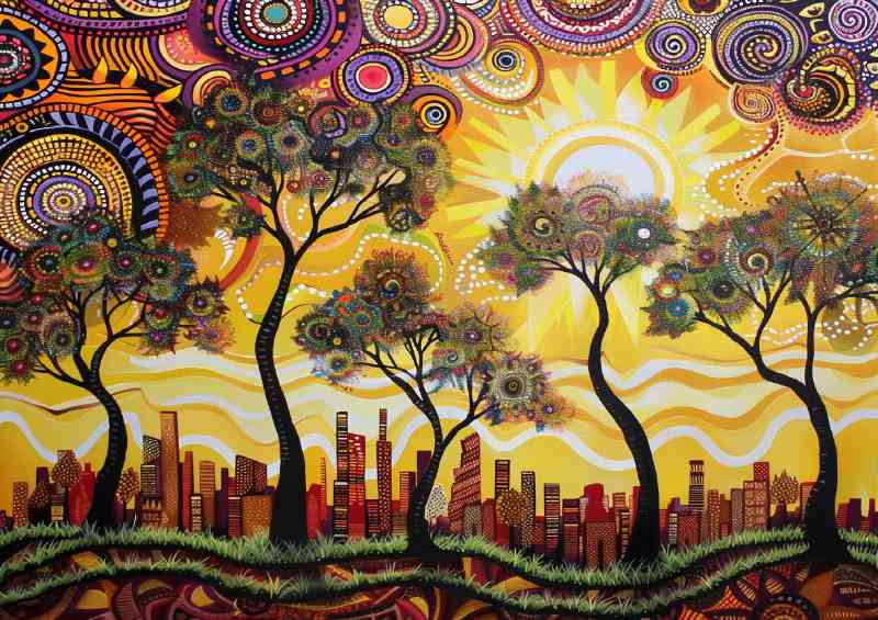 Beautiful painting of the sun setting over an urban town