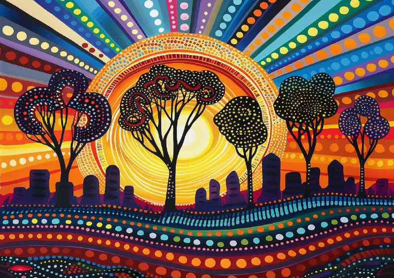 Beautiful painting of the sun setting over urban