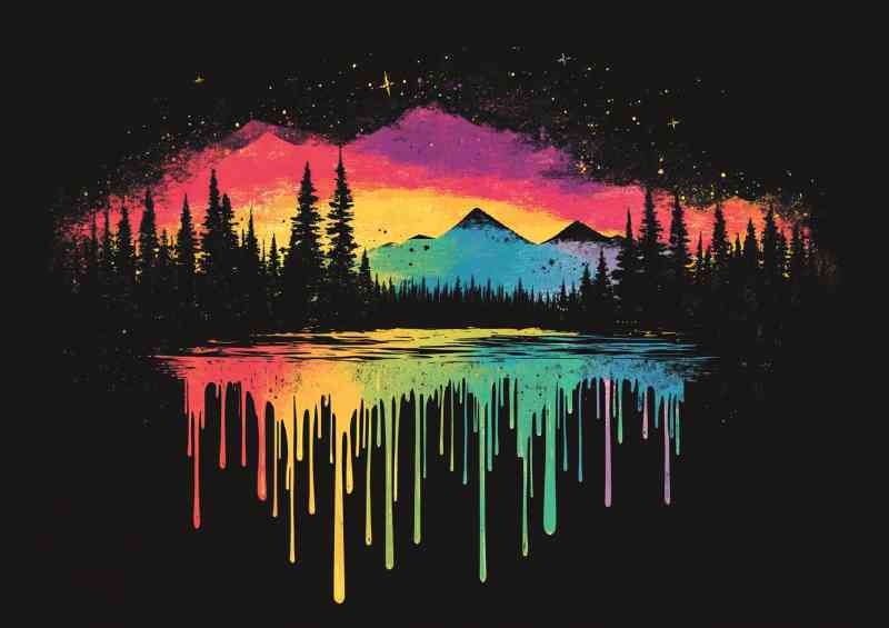 The painted dripping lake with mountains colours