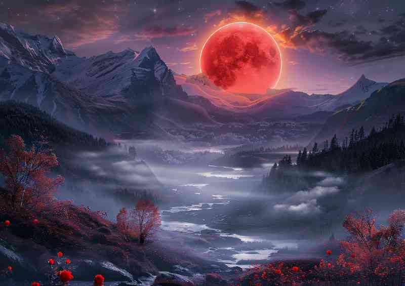 The red moon hangs in the sky surrounded by fog