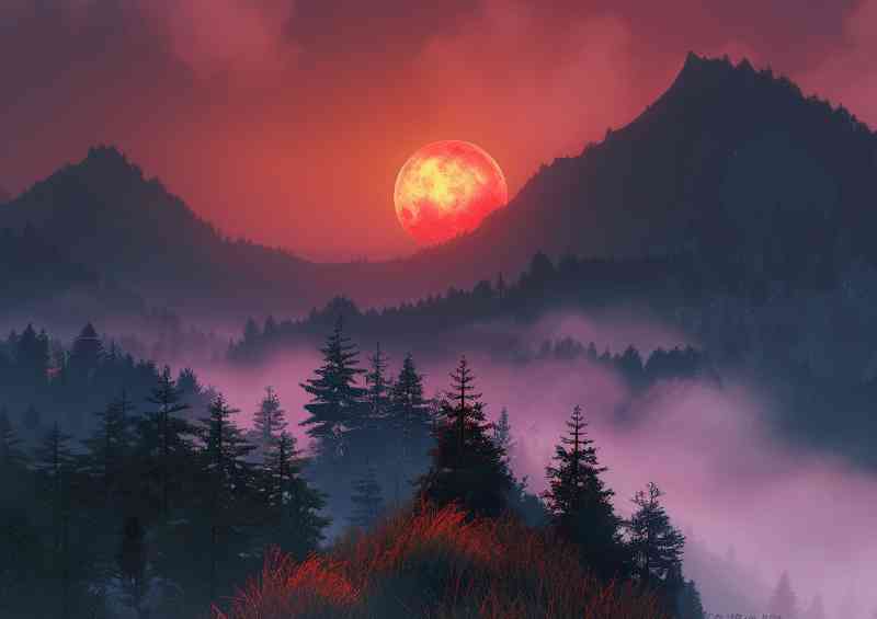 The red moon on a foggy day
