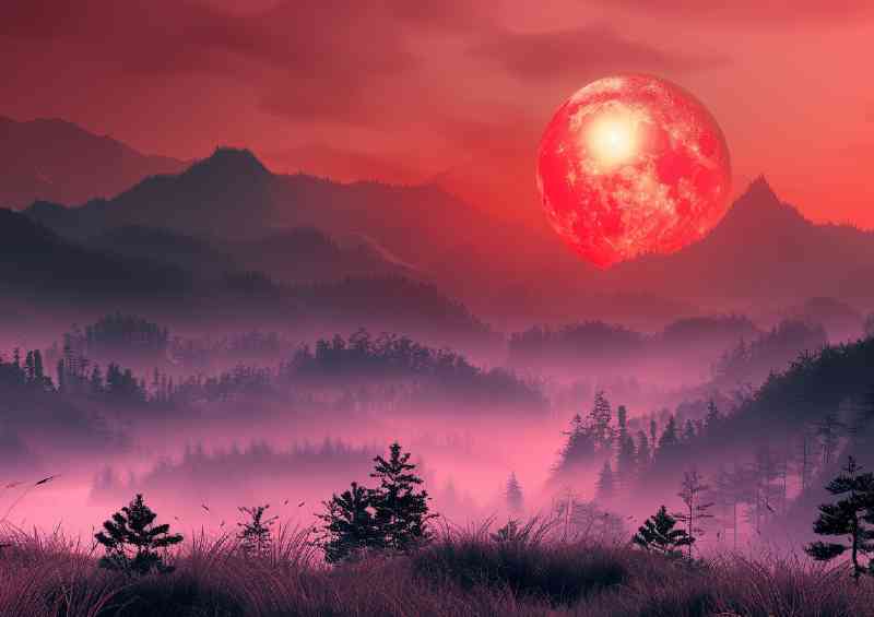 The red moon shines on the foggy mountain