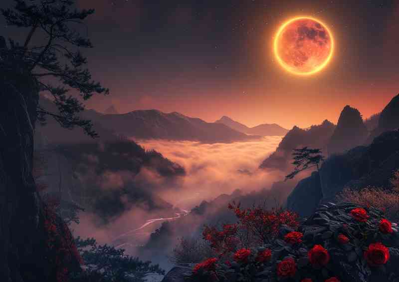 The red moon with rigs over the mountains
