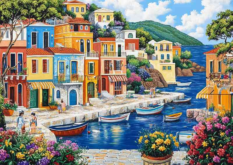 Mediterranean coastal town fishing boats