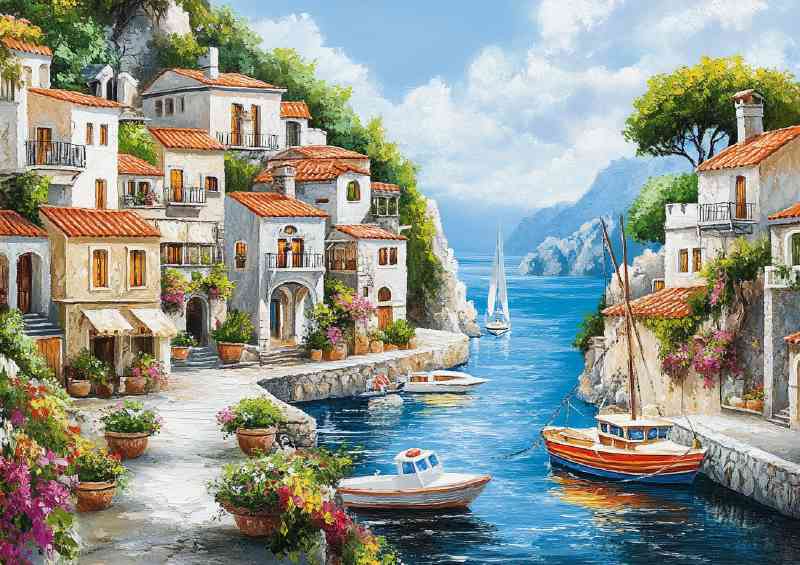 Picturesque scene depicts a Mediterranean coastal village