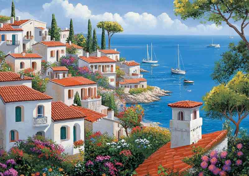 The med costal town with beep blue sea