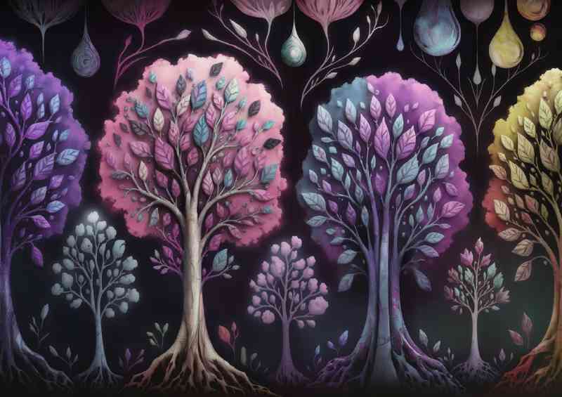 A mystical and dreamy image of a series of trees