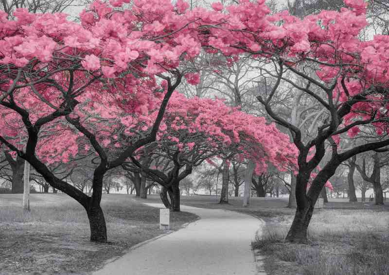 A serene park setting dominated in pink blossom