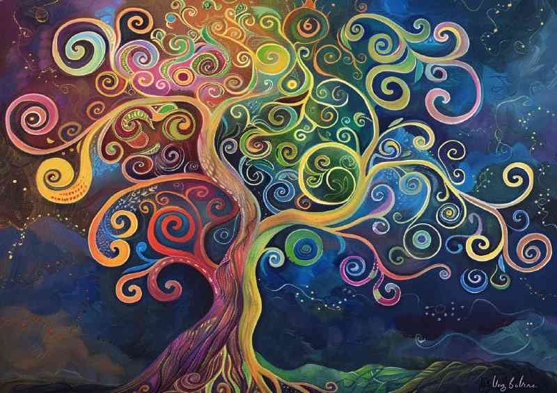 An elaborate tree with colorful swirls