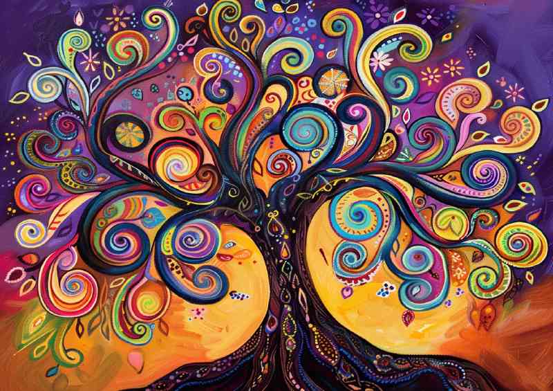 An elaborate tree with colorful swirls full colour