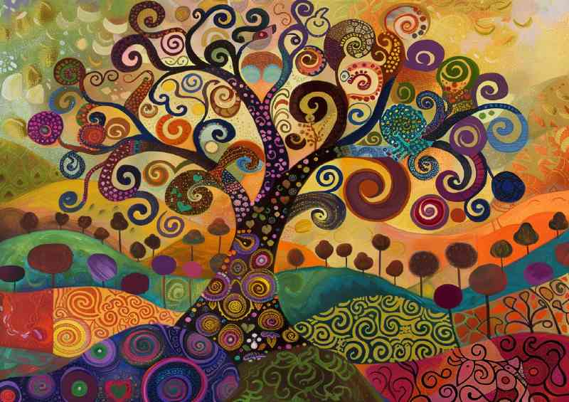 An enchanting tree with swirling branches in full colour