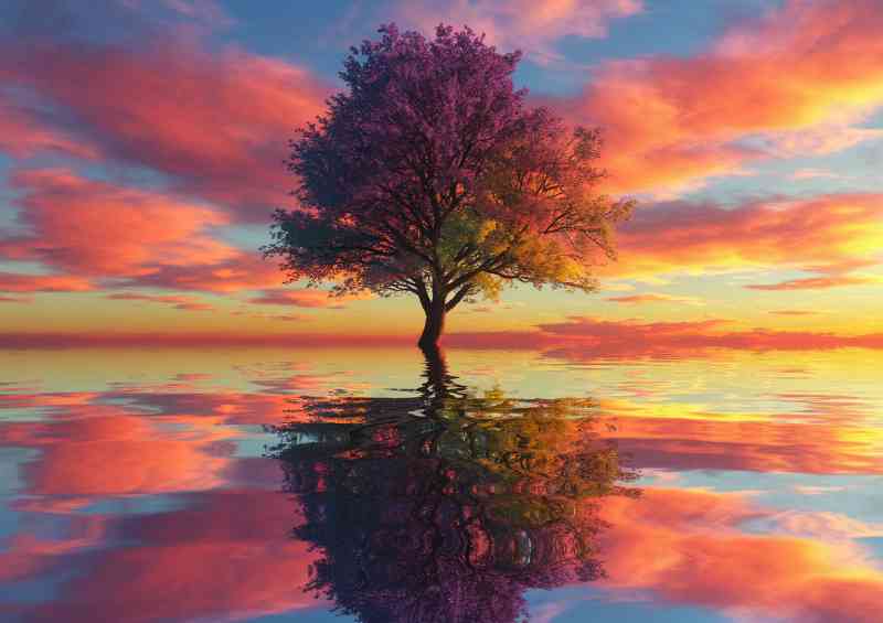 Dreamy landscape of a vibrant tree reclection