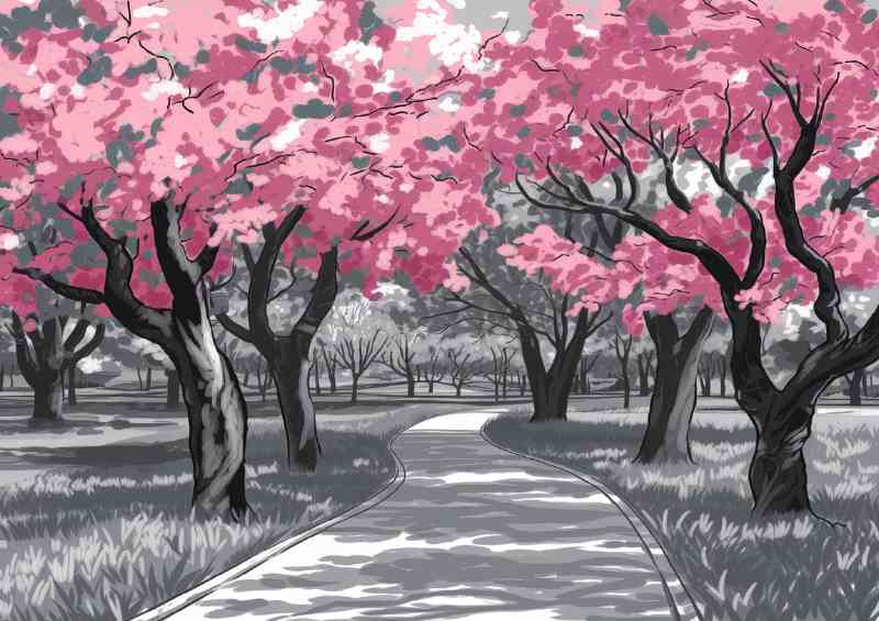 Painted park in a pink blossom pathway