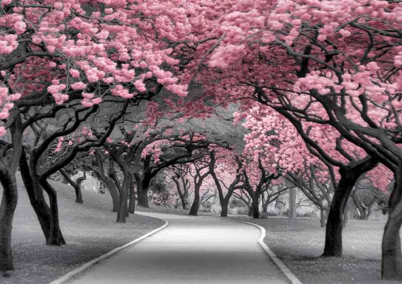 Serene park setting dominated by pink blossom trees