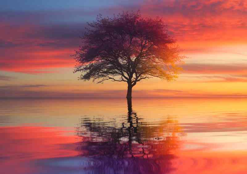 Setting sky with the reflective tree in the lake