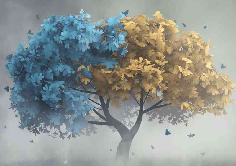 The serene blue and yellow tree in mist