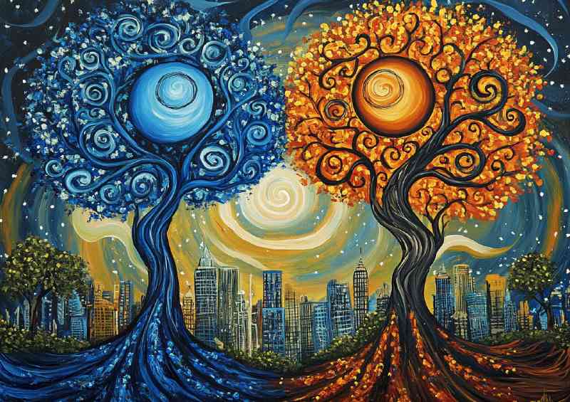 Two yin yang trees one blue and the other orange